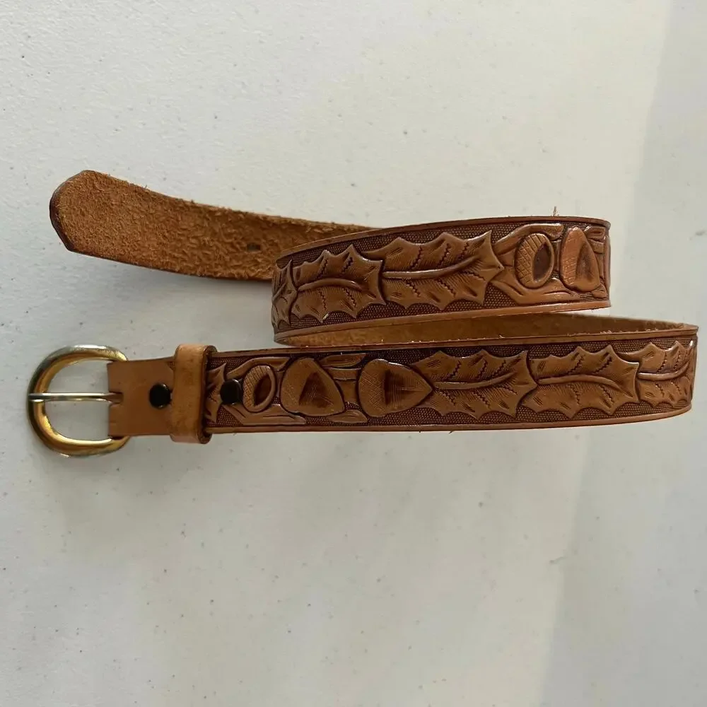 Justin Top Grain Cowhide Leather Tooled Western Belt Sz 28 Brown Cowboy